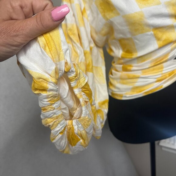 Jens Pirate Booty top shirt sz S yellow check gingham one sleeve shoulder tie - Picture 5 of 9